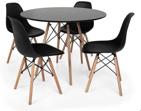Conjunto de Jantar Mesa Eiffel Redonda 90cm Com 4 Cadeiras Charles Eames Eiffel Pés De Madeira Clara - Preto