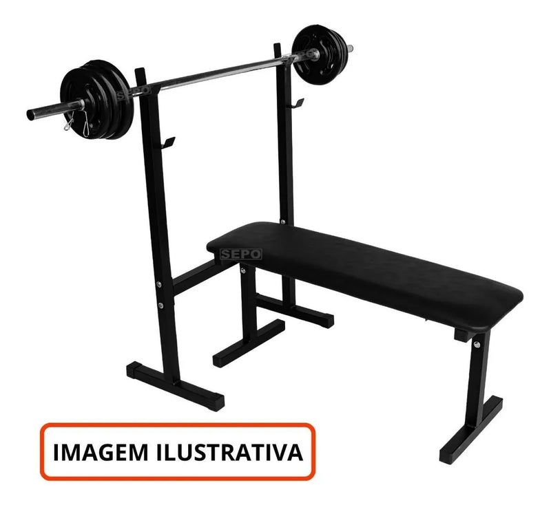Kit 60kg Anilhas De Ferro Barras Suporte E Banco Para Supino