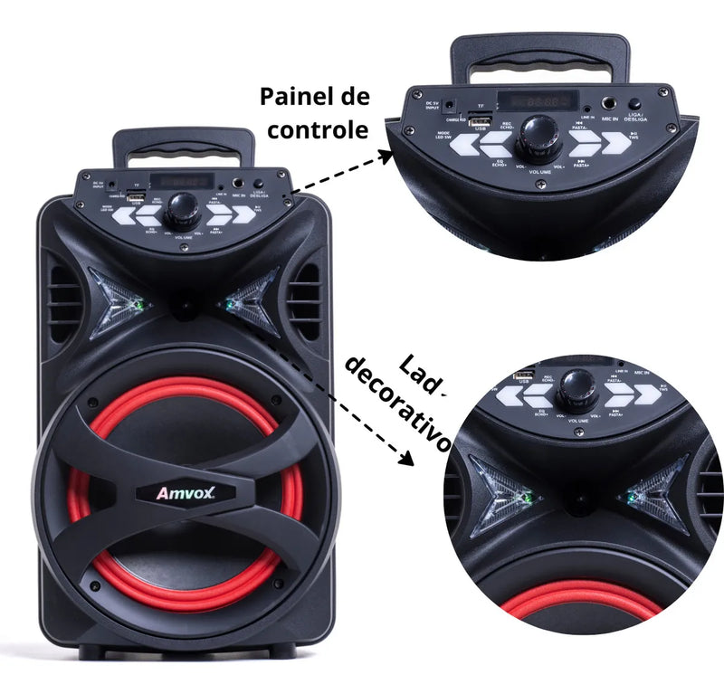 Caixa de Som Amplificada Amvox ACA 255 Hit Woofer 8" Portátil Bluetooth Preto Bivolt