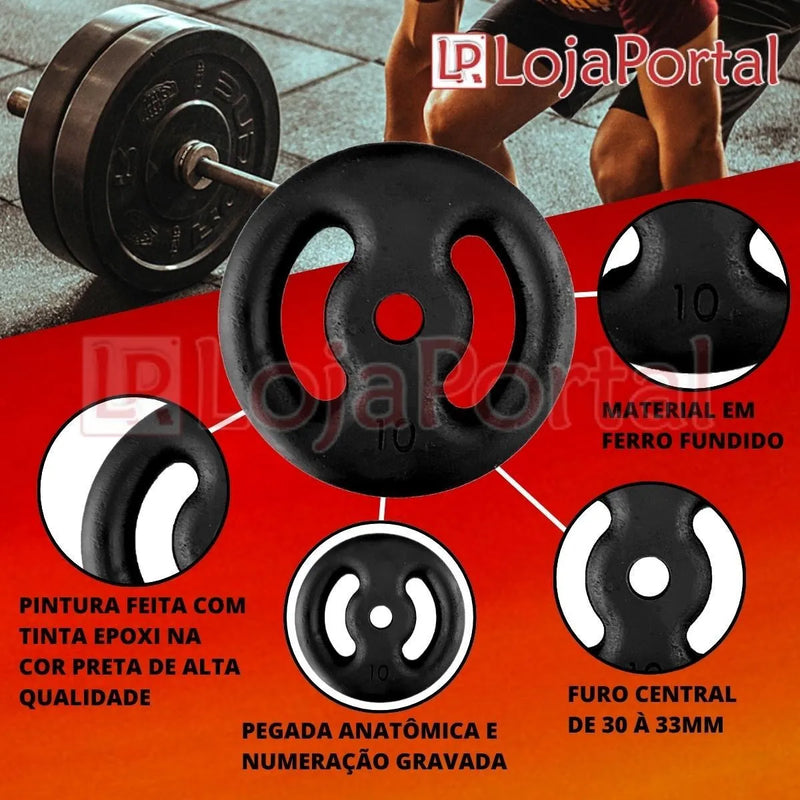 Kit 60kg Anilhas De Ferro Barras Suporte E Banco Para Supino
