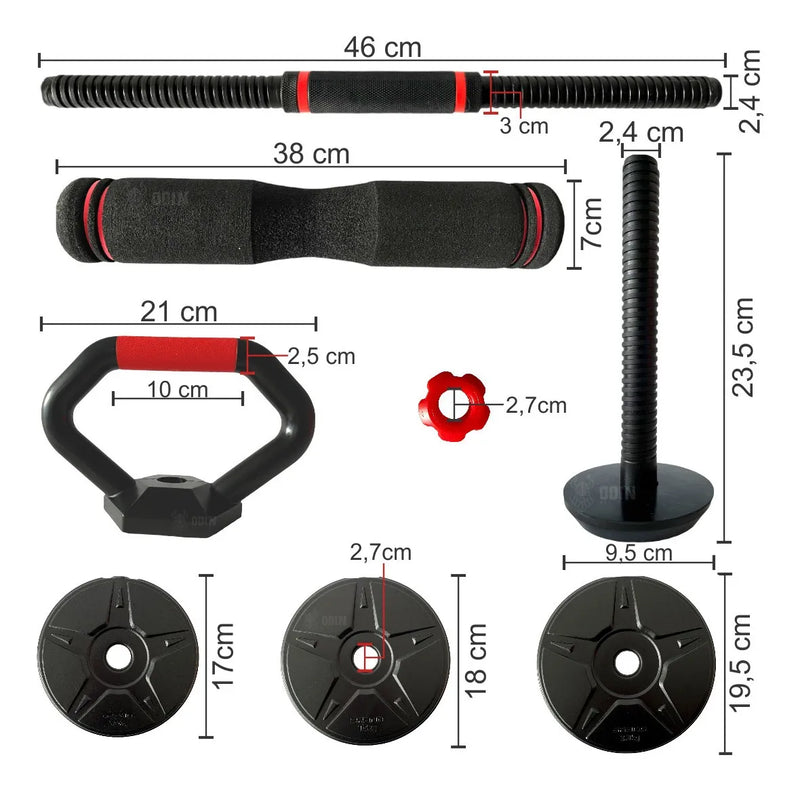 Barra Anilha Halter Kettlebell Kit Musculação 20kg Odin Fit