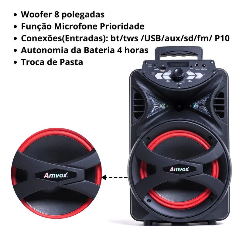 Caixa de Som Amplificada Amvox ACA 255 Hit Woofer 8" Portátil Bluetooth Preto Bivolt