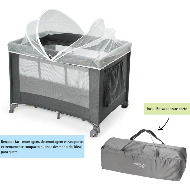 Berço Portátil Infantil Cercado 0-15kg Grafite Lazy Maxibaby