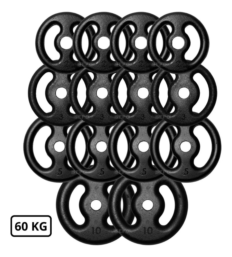 Kit Anilhas Ferro 60kg + 2 Barras 40cm + Barra 150 + Barra W