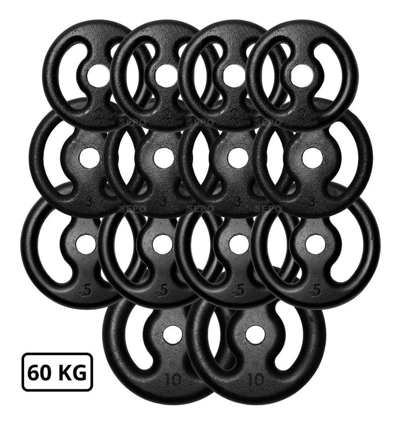 Kit 60kg Anilhas De Ferro Barras Suporte E Banco Para Supino