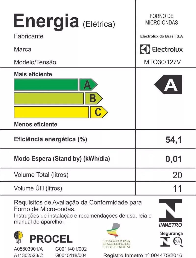 Micro-ondas MTO30 20L Com Função Tira Odor e Descongelar Cor Branco Electrolux