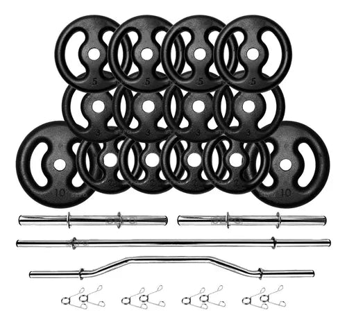 Kit Anilhas Ferro 60kg + 2 Barras 40cm + Barra 150 + Barra W