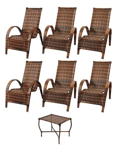 Kit 6 Cadeiras Poltronas Jardim Junco Sintético + Mesinha
