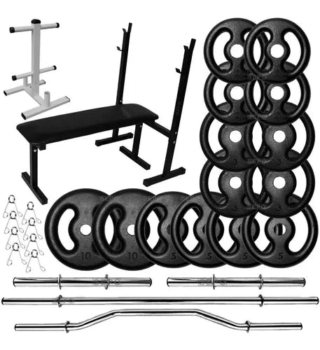 Kit 60kg Anilhas De Ferro Barras Suporte E Banco Para Supino