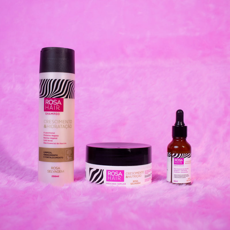 Kit Rosa Hair Crescimento Capilar: Shampoo + Máscara + Tônico
