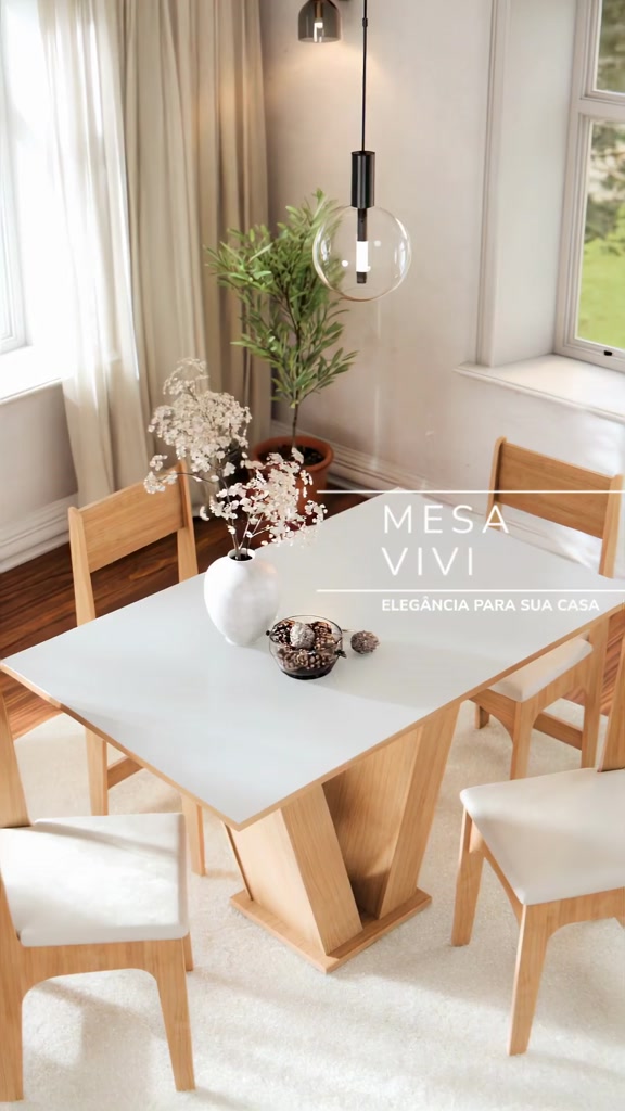 Conjunto Sala de Jantar Completo  Vivi Mesa Tampo Madeira 4 Cadeiras - Mel Off