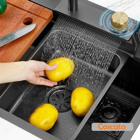 Cuba Black Premium Gourmet 7 em 1 – Com Cascata, Torneira, Lavador de Copos e Acessórios em Aço Inox 304 | 75x45cm