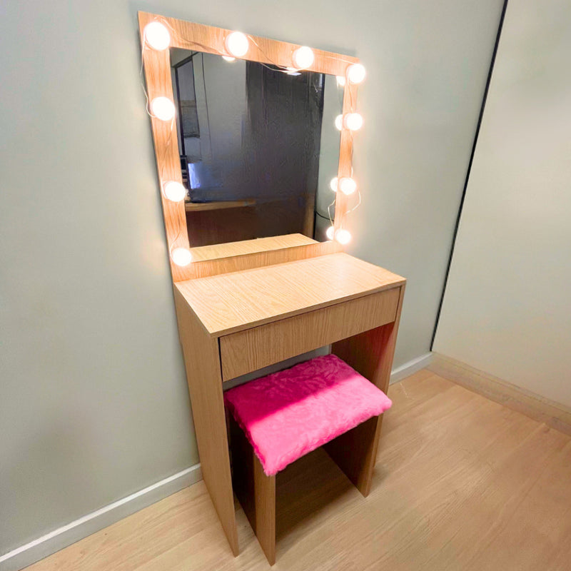 Penteadeira Com Banco Rosa Led e Espelho 50cm x 50cm Material Em 100% MDF