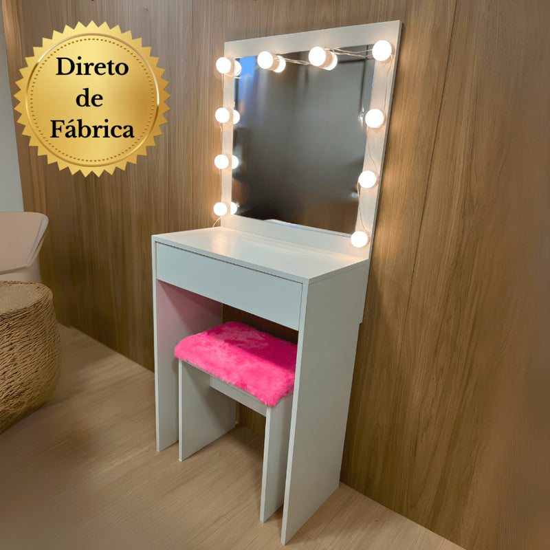 Penteadeira Com Banco Rosa Led e Espelho 50cm x 50cm Material Em 100% MDF