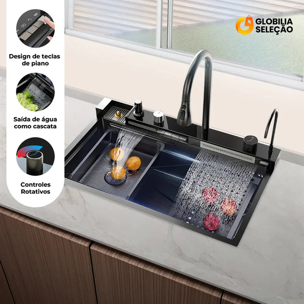Cuba Black Premium Gourmet 7 em 1 – Com Cascata, Torneira, Lavador de Copos e Acessórios em Aço Inox 304 | 75x45cm