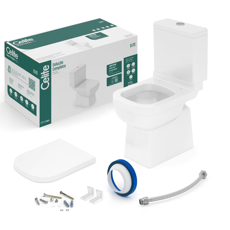Kit Vaso Sanitário com Caixa Acoplada e Assento Branco Duplo Acionamento 3/6L Saída Vertical Elite Celite